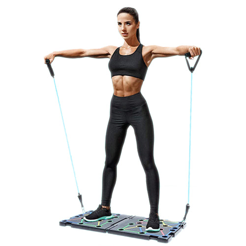 Woman exercising on a fitness platform with resistance bands against a white background