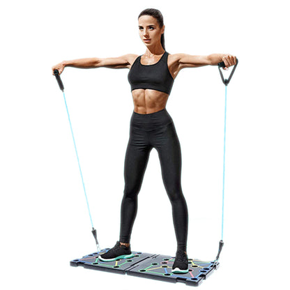 Woman exercising on a fitness platform with resistance bands against a white background
