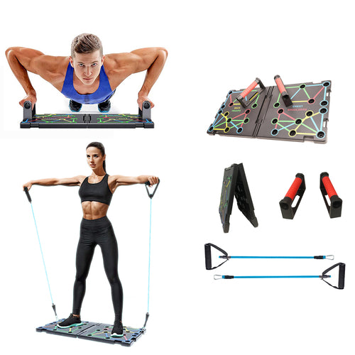 Collage of fitness equipment including push-up bars, resistance bands, and a mat on a white background.