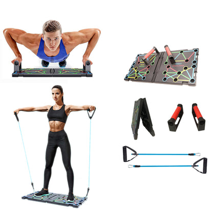 Collage of fitness equipment including push-up bars, resistance bands, and a mat on a white background.