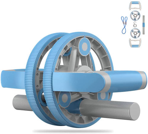 Blue and gray ab roller with additional workout tools on a white background