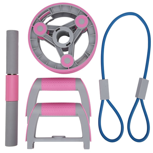 Set of pink and gray exercise equipment including a step stool, wheels, and resistance band on a white background.