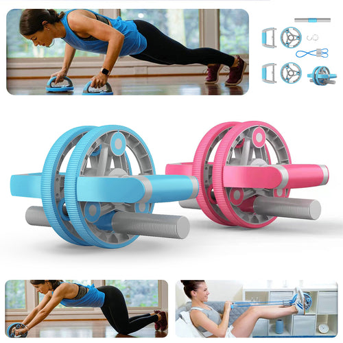 Two exercise wheels, one blue and one pink, with people using them in various settings.