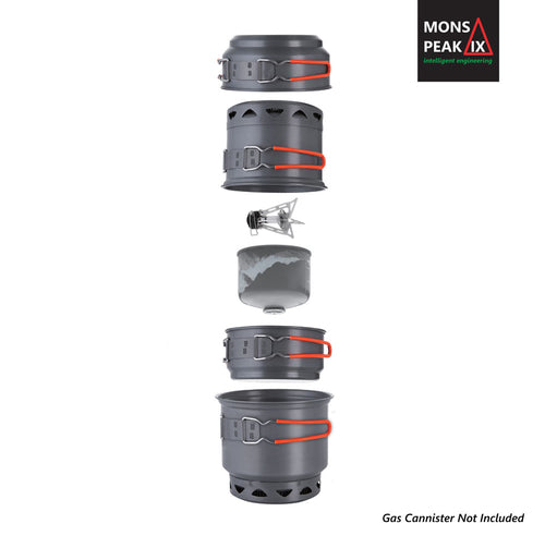 Set of gray camping cookware with red straps and a Mons Peak logo on a white background.