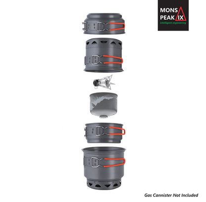 Set of gray camping cookware with red straps and a Mons Peak logo on a white background.