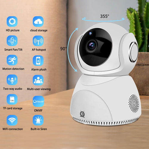 White security camera with features listed on a wooden surface