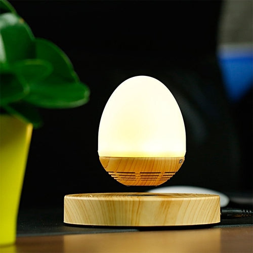 Levitating wooden egg-shaped light on a dark surface with a blurred plant in the background