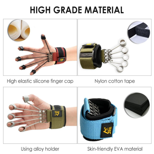 Collage of high-grade material components for a product, including silicone finger cap, cotton tape, alloy holder, and EVA material.