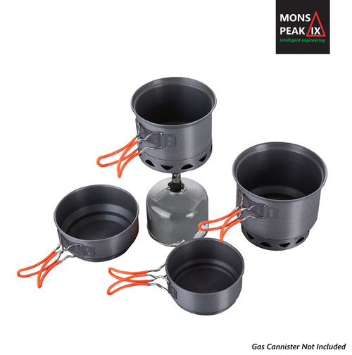 Set of camping cookware with gas canister on a white background, featuring Mons Peak logo.