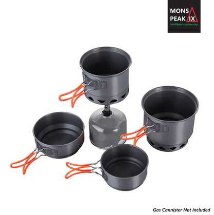 Set of camping cookware with gas canister on a white background, featuring Mons Peak logo.