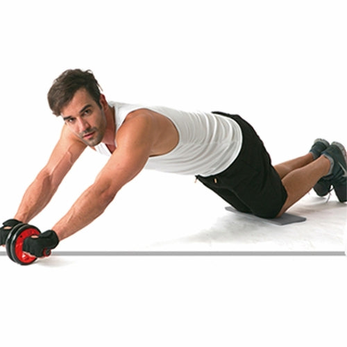Man exercising with a roller on a white background