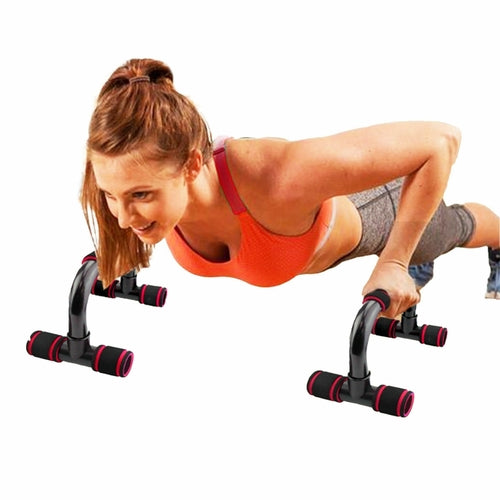 Woman exercising with a push-up辅助器 on a white background