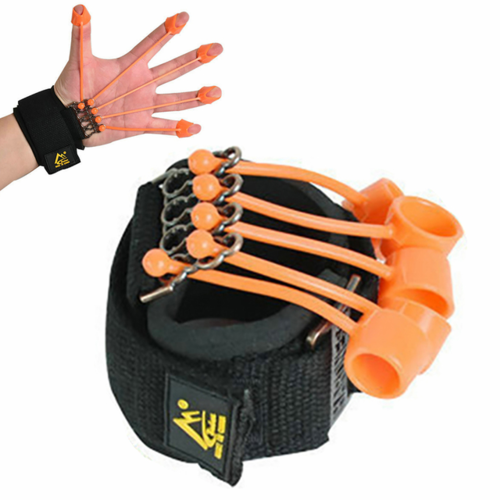 Black wrist support with orange attachments and a hand wearing an orange glove on a white background