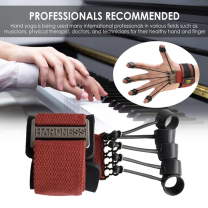 Hand yoga device with 'Hardness' branding on a piano background, labeled 'Professionals Recommended'.