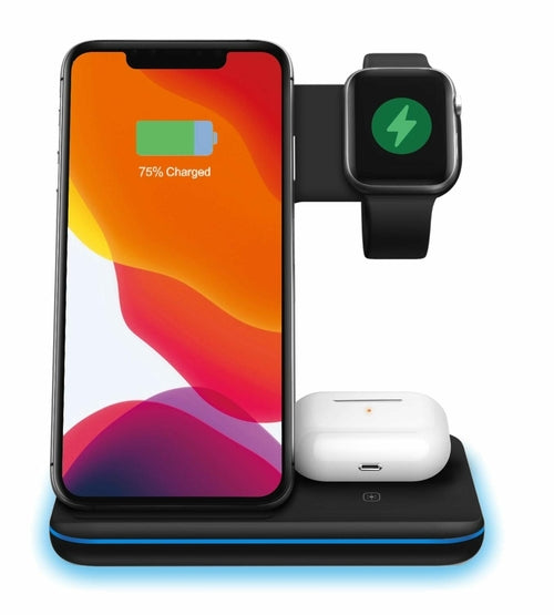 Wireless charging station with smartphone, smartwatch, and earbuds on a white background