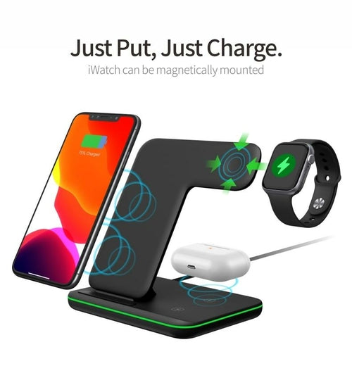 Wireless charging stand with smartphone, smartwatch, and earbuds on a white background