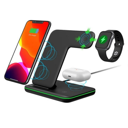 Black wireless charging stand with smartphone, headphones, and smartwatch on a white background