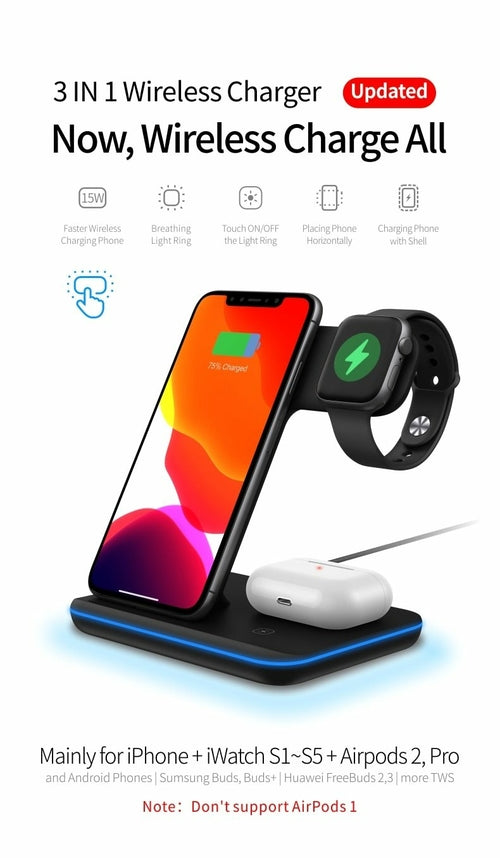 3-in-1 wireless charger with smartphone, smartwatch, and earbuds on a white background