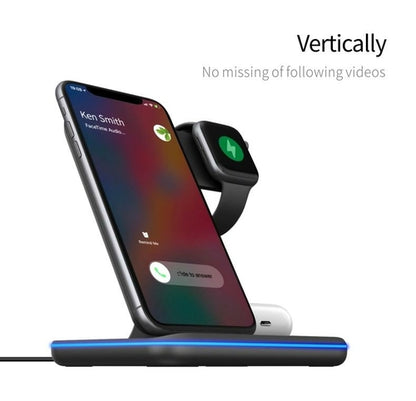 Wireless charging stand with smartphone and smartwatch on a white background