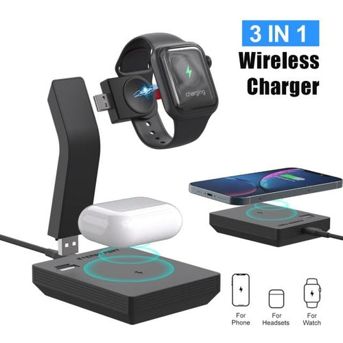 3-in-1 wireless charger with a smartwatch, phone, and headphones on a white background