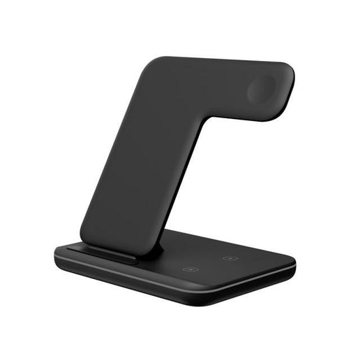 Black wireless charging stand on a white background