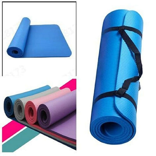 Blue yoga mat with a strap on a white background