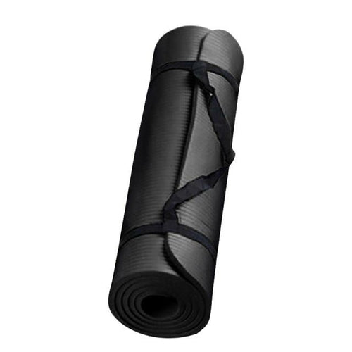 Black yoga mat with a carrying strap on a white background