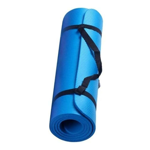Blue yoga mat with a black strap on a white background